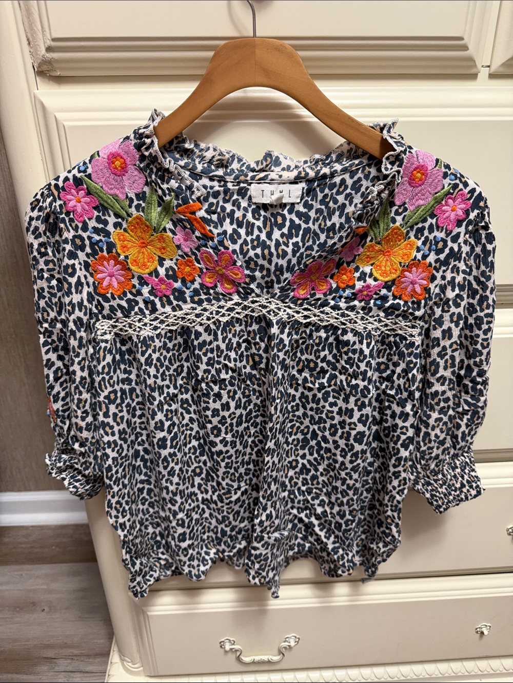 THML Black & White Leopard Peasant Top with Pink & Orange Floral Embroidery